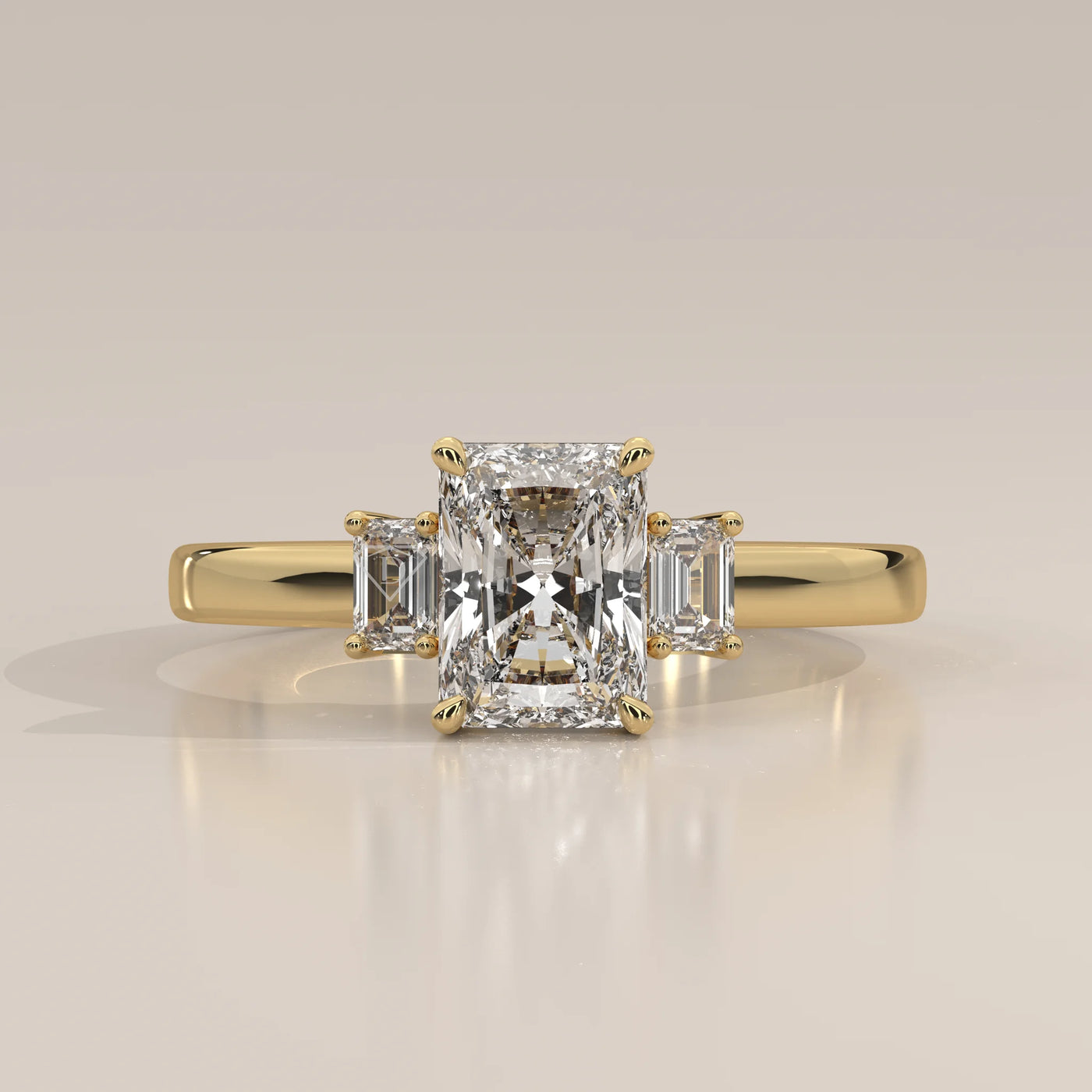 Side Profile: Radiant Diamond Ring with Three-Stone Setting in Yellow Gold – Lab Grown – Driona Jewels
