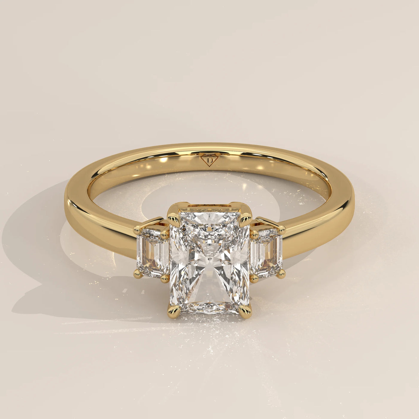 Three-Quarter View: Radiant Diamond Ring with Three-Stone Setting in Yellow Gold – Lab Grown – Driona Jewels
