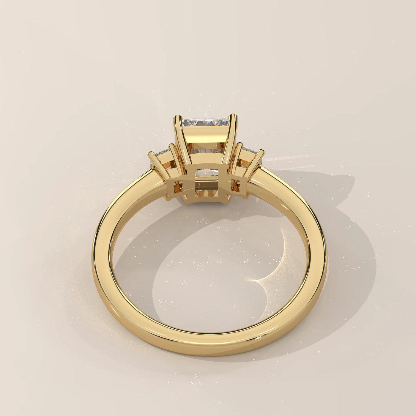 Top View: Radiant Diamond Ring with Three-Stone Setting in Yellow Gold – Lab Grown – Driona Jewels