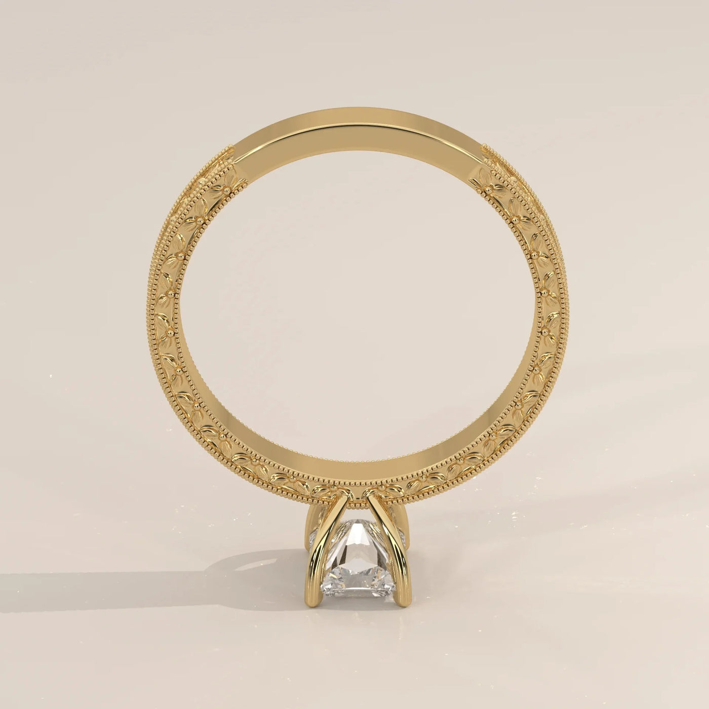 Angle View: Radiant Diamond Ring with Solitaire Setting in Yellow Gold – Lab Grown – Driona Jewels
