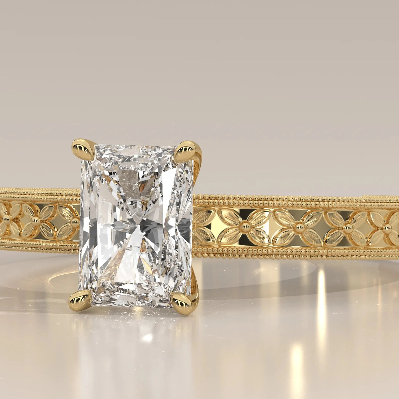 Front View: Radiant Diamond Ring with Solitaire Setting in Yellow Gold – Lab Grown – Driona Jewels