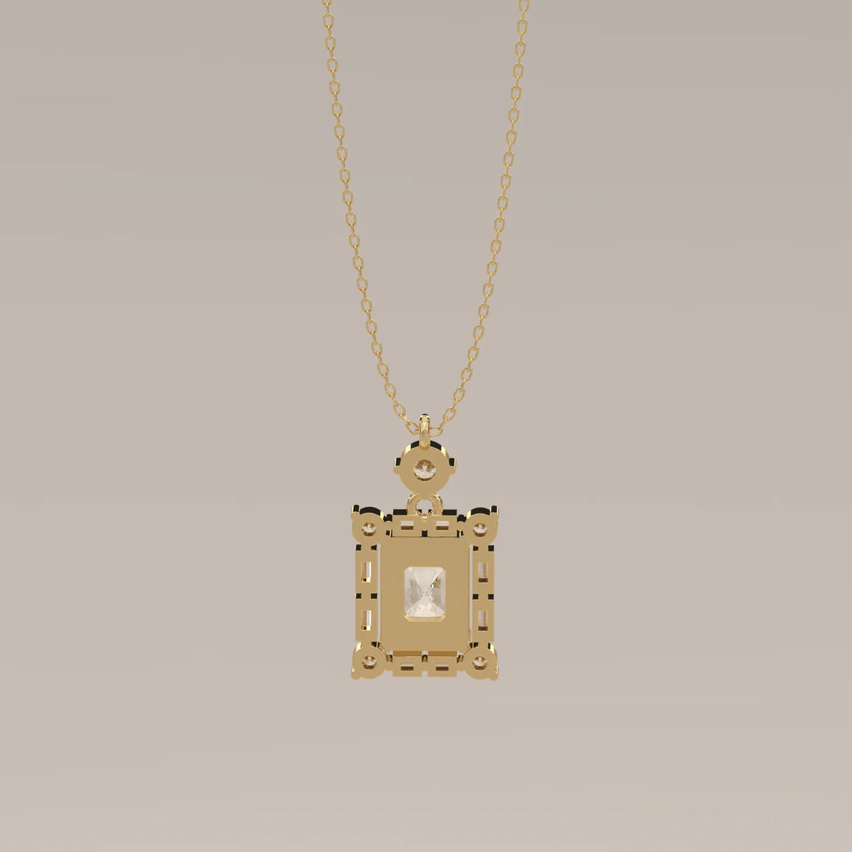 Radiant Lab Grown Diamond Art Deco Frame Pendant with Baguettes in yellow gold, photographed head-on.