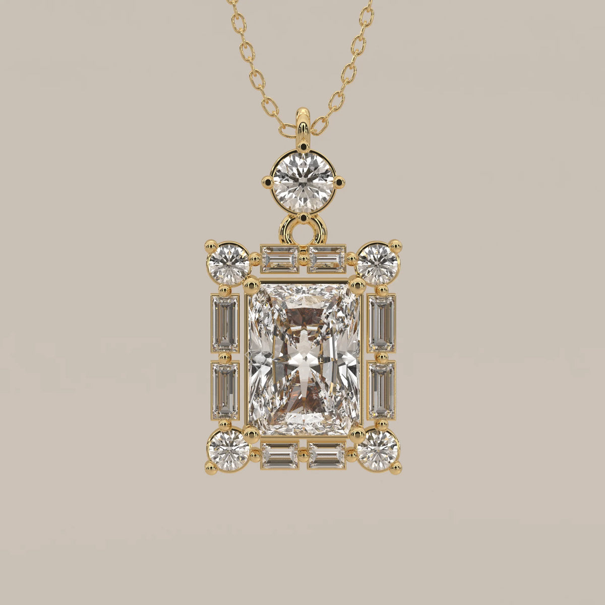 Radiant Lab Grown Diamond Art Deco Frame Pendant with Baguettes in yellow gold, front view on a plain background.
