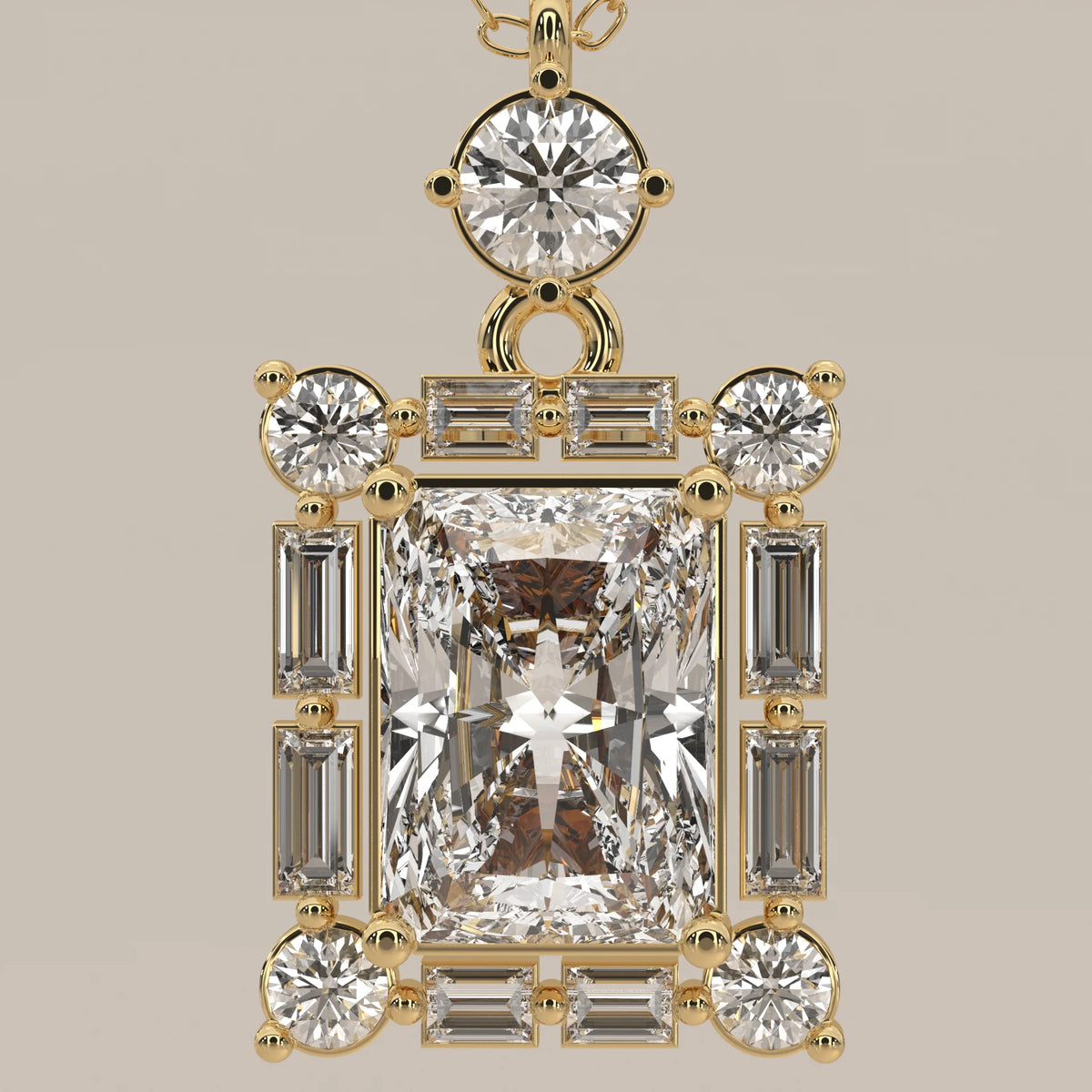 Radiant Lab Grown Diamond Art Deco Frame Pendant with Baguettes in yellow gold, shown on a plain background.