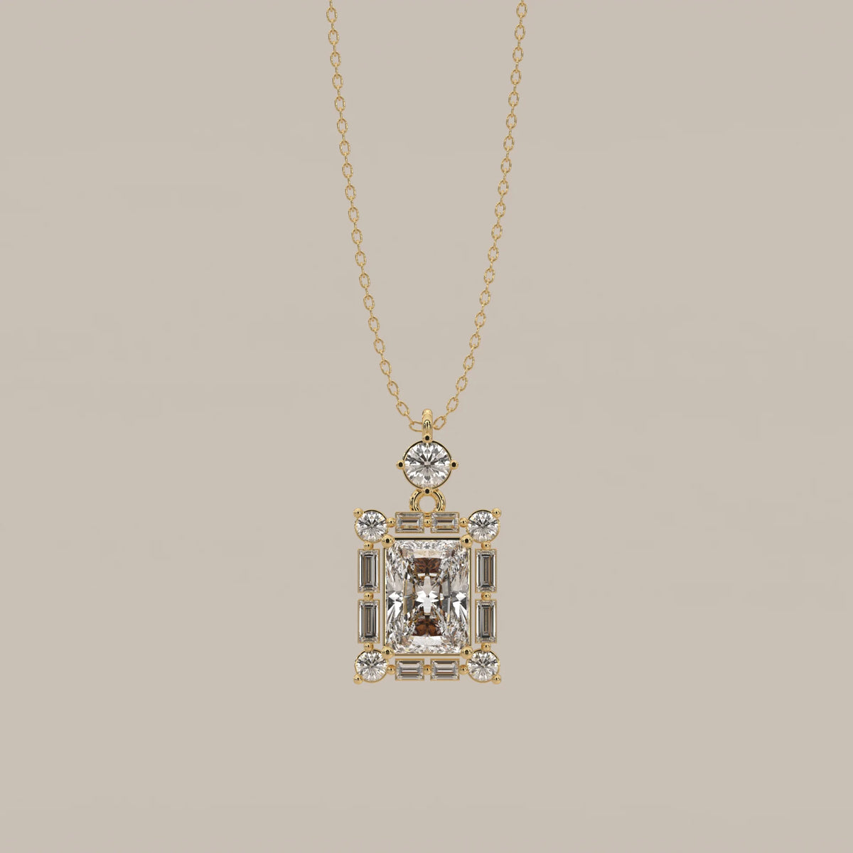 Radiant Lab Grown Diamond Art Deco Frame Pendant with Baguettes in yellow gold, shown from the front.