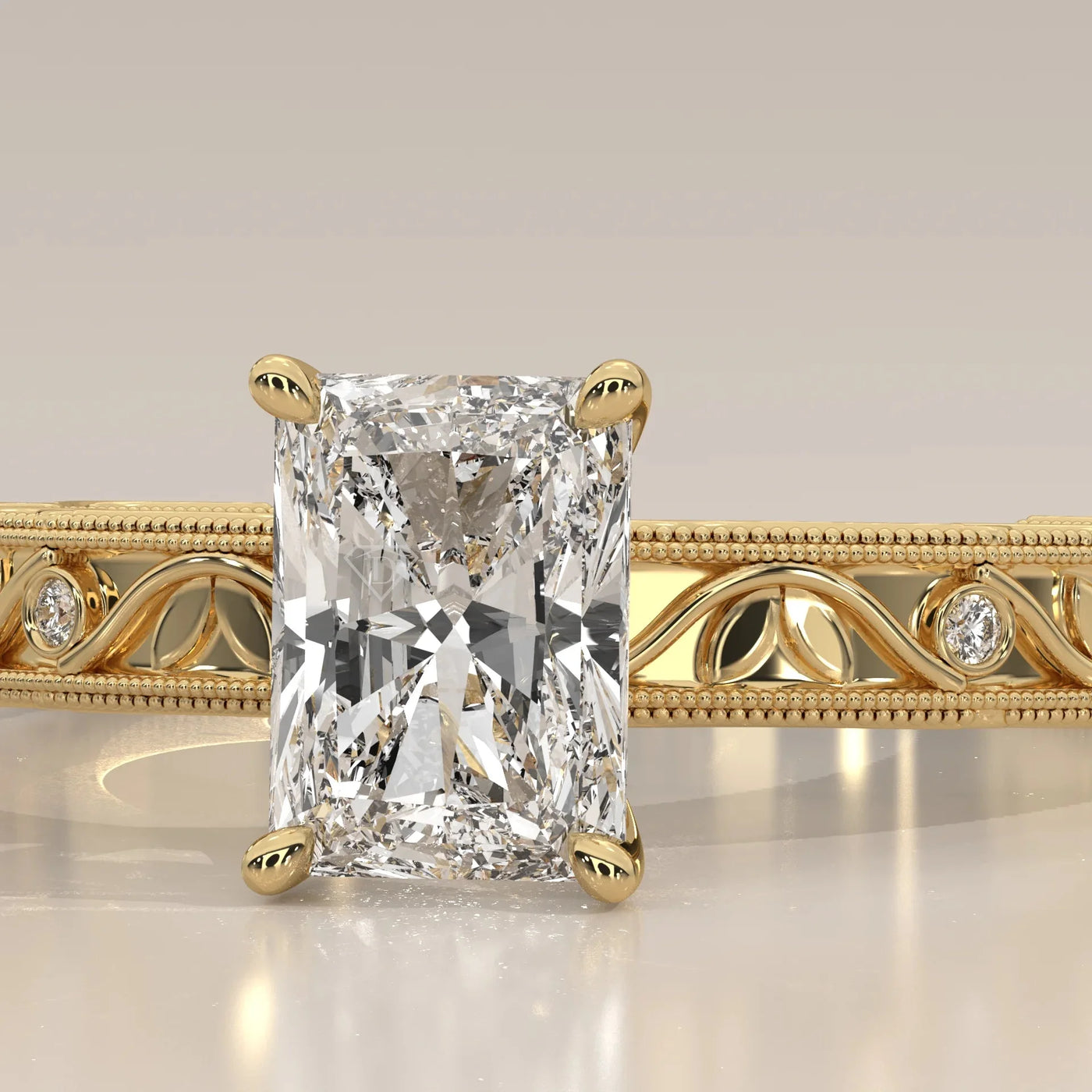 Front View: Radiant Diamond Ring with Openwork Setting in Yellow Gold – Lab Grown – Driona Jewels