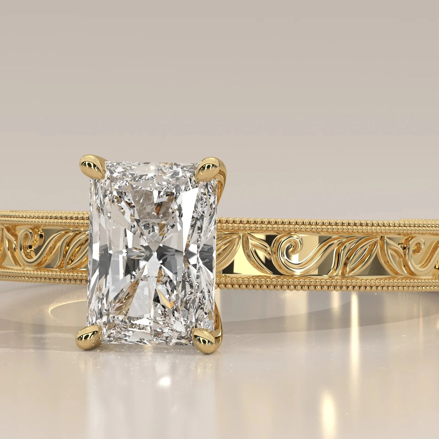 Close-Up: Radiant Diamond Ring with Solitaire Setting in Yellow Gold – Lab Grown – Driona Jewels