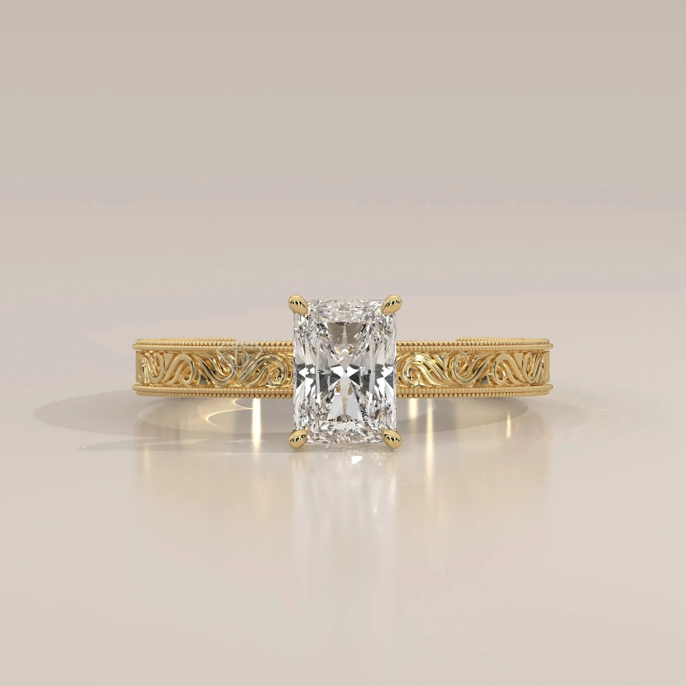 Front View: Radiant Diamond Ring with Solitaire Setting in Yellow Gold – Lab Grown – Driona Jewels