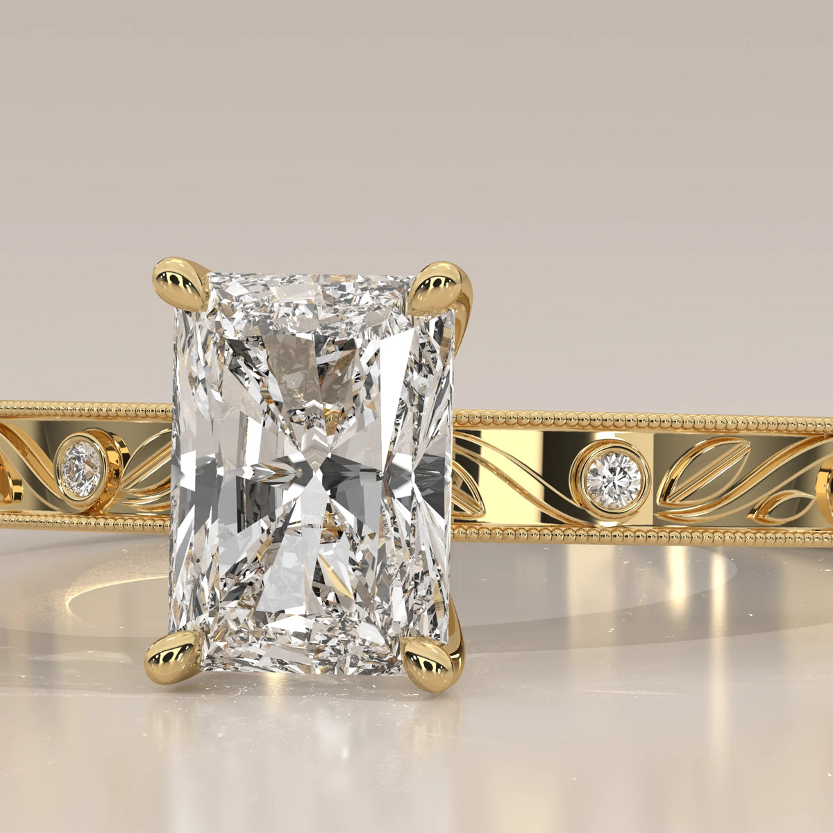 Front View: Radiant Diamond Ring with Solitaire Setting in Yellow Gold – Lab Grown – Driona Jewels