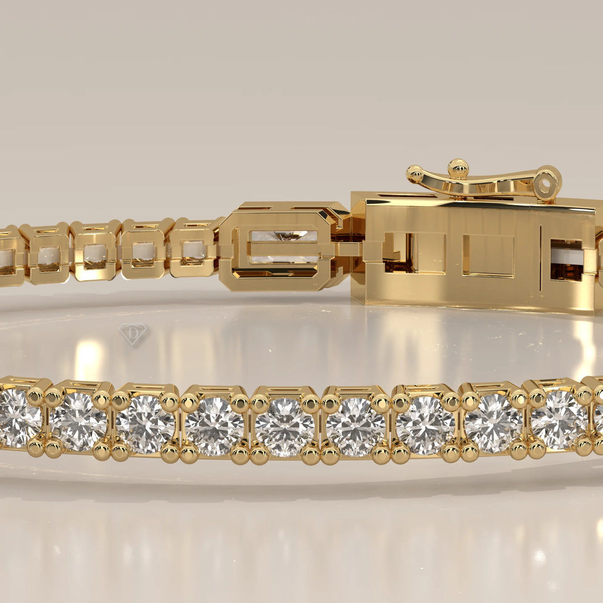 Radiant Station Lab Grown Diamond Tennis Bracelet with Round Line in yellow gold, shown from the front.