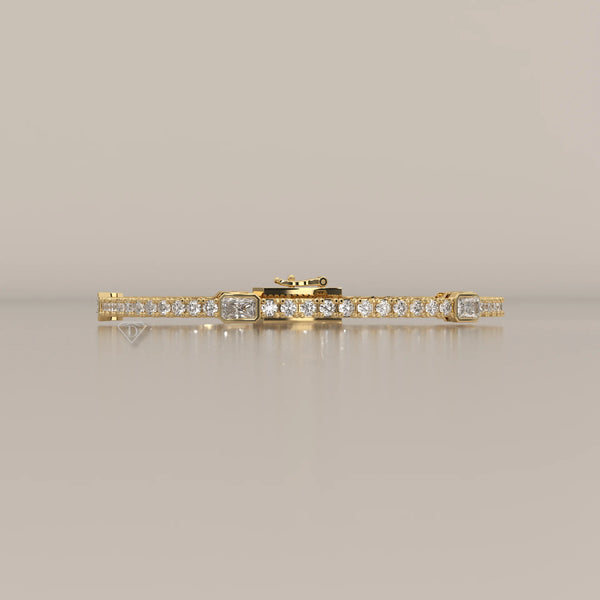 Radiant Station Lab Grown Diamond Tennis Bracelet with Round Line in yellow gold, shown on a plain background.