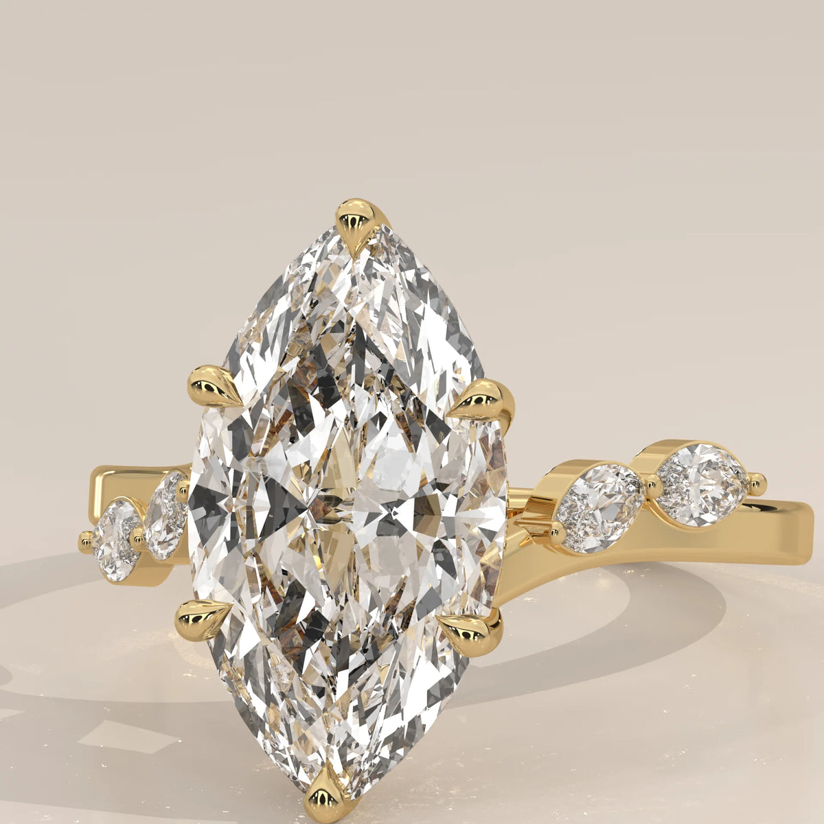 Reylona 5 Carat Marquise Lab Grown Diamond Ring, Scattered Accents in yellow gold, front view on a plain background.