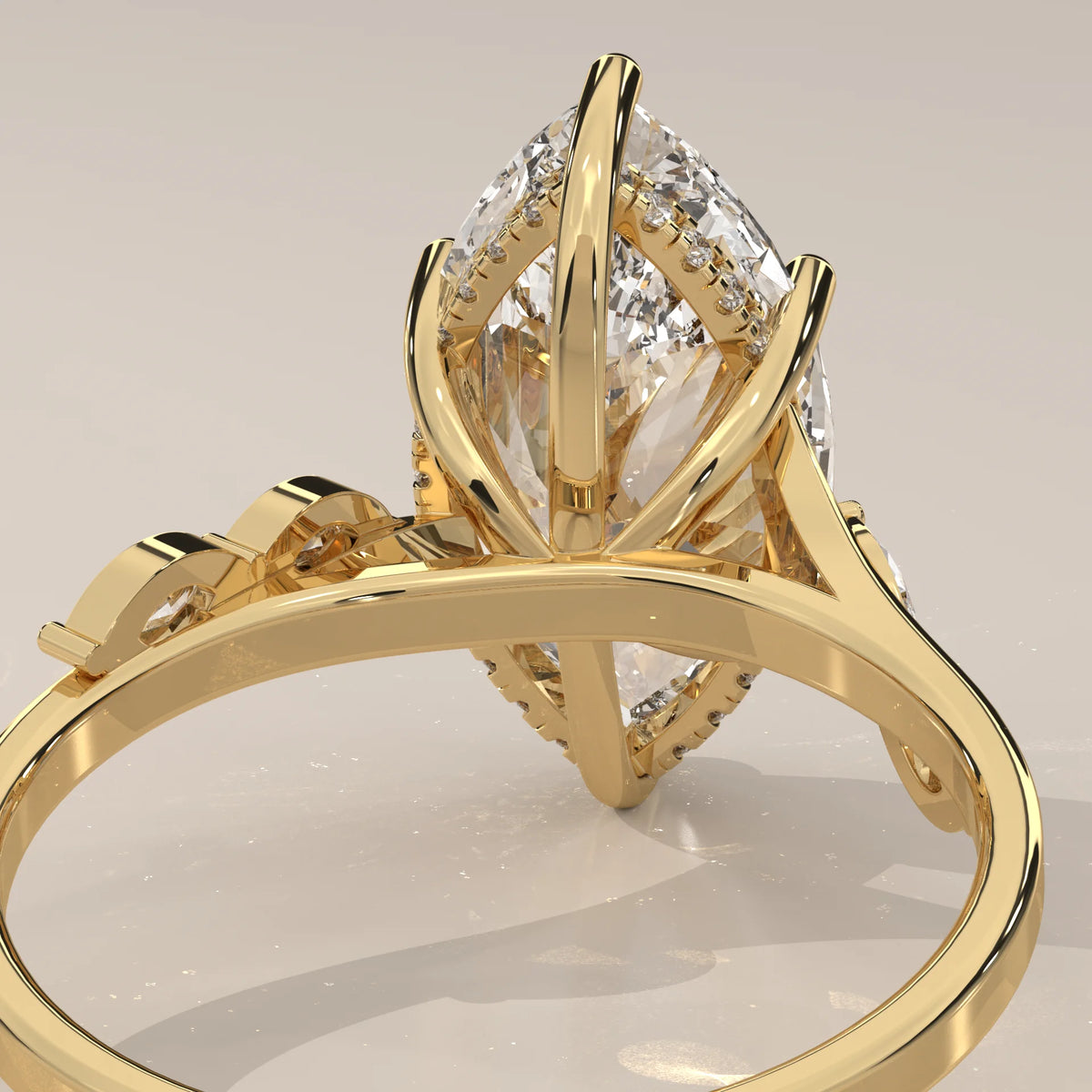 Reylona 5 Carat Marquise Lab Grown Diamond Ring, Scattered Accents in yellow gold, photographed from the side.