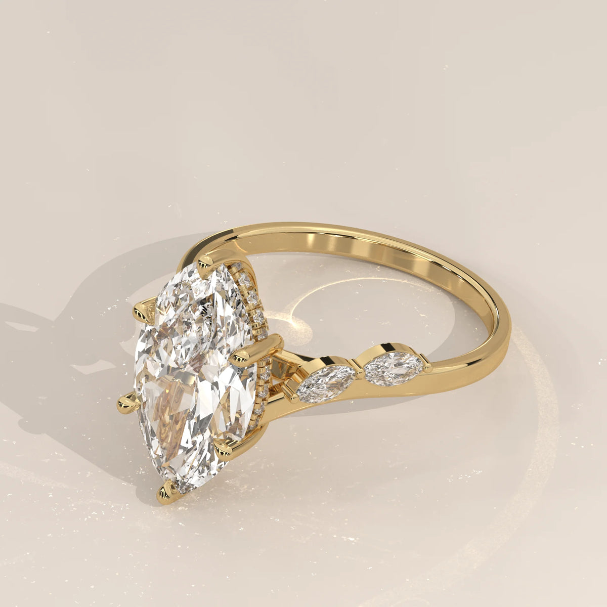Reylona 5 Carat Marquise Lab Grown Diamond Ring, Scattered Accents in yellow gold, shown from the side.