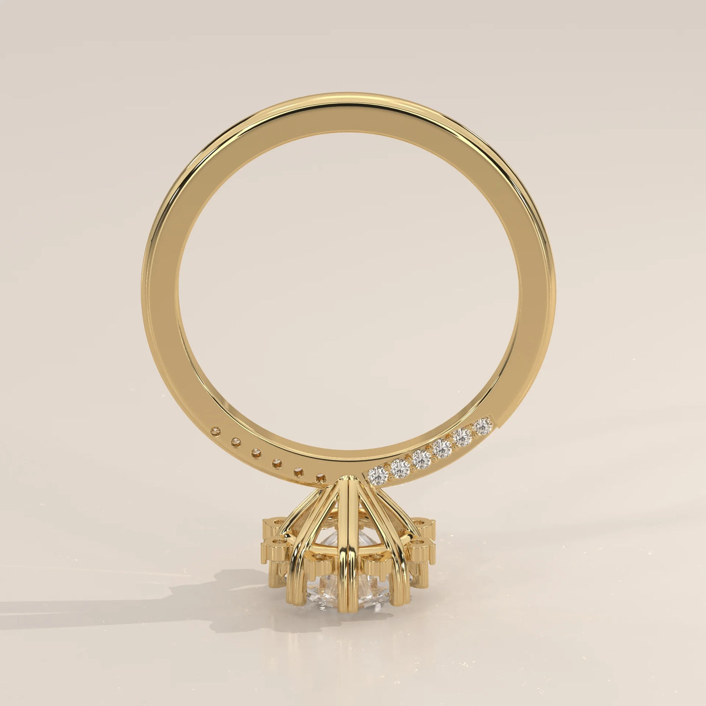 A close-up side view of a yellow gold ring with accent diamonds.