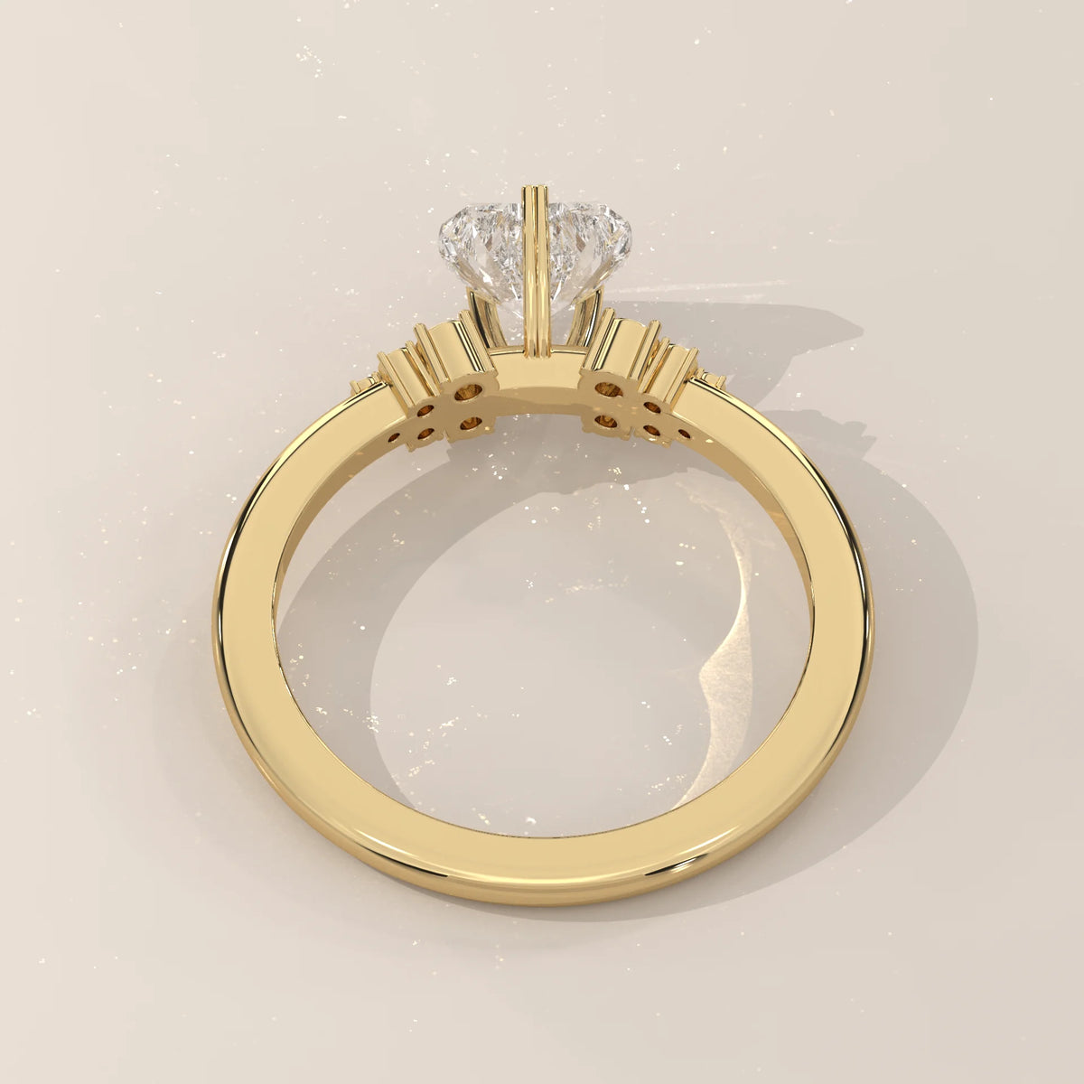 A close-up side view of a yellow gold ring with accent diamonds.