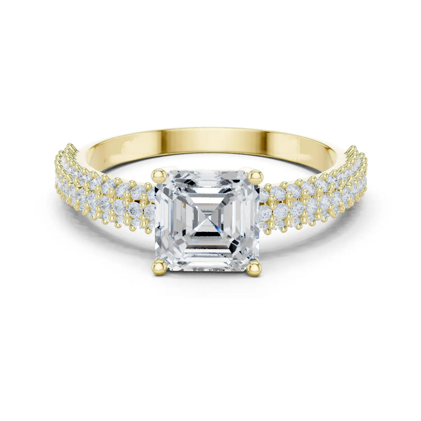 Front view: Asscher Diamond Ring with double row pavé and prong Setting in 18K Yellow Gold – Lab Grown – Driona Jewels