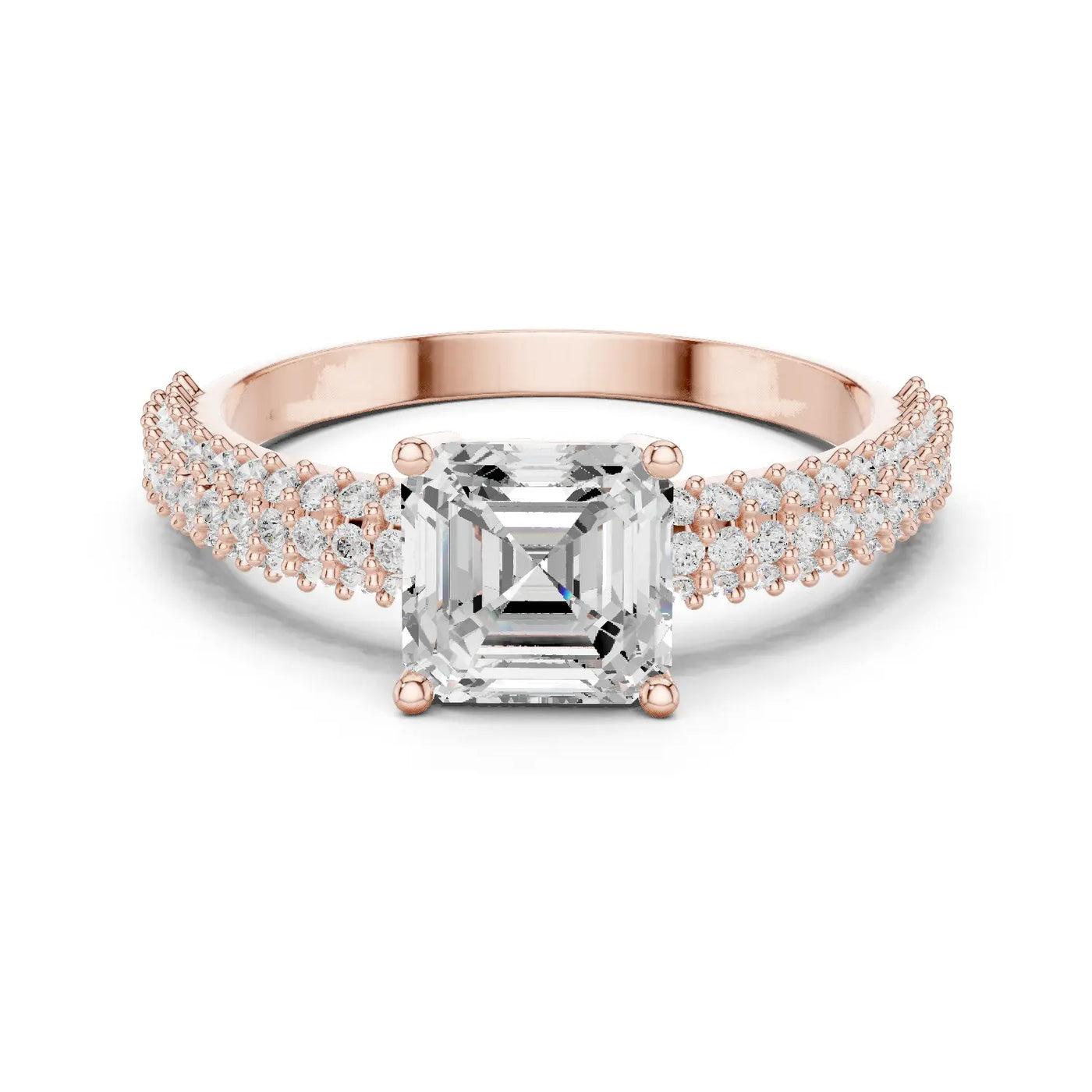 Front View: Asscher Diamond Ring with Double Row Pave and Four-Prong Setting in 14k Rose Gold – Lab Grown – Driona Jewels
