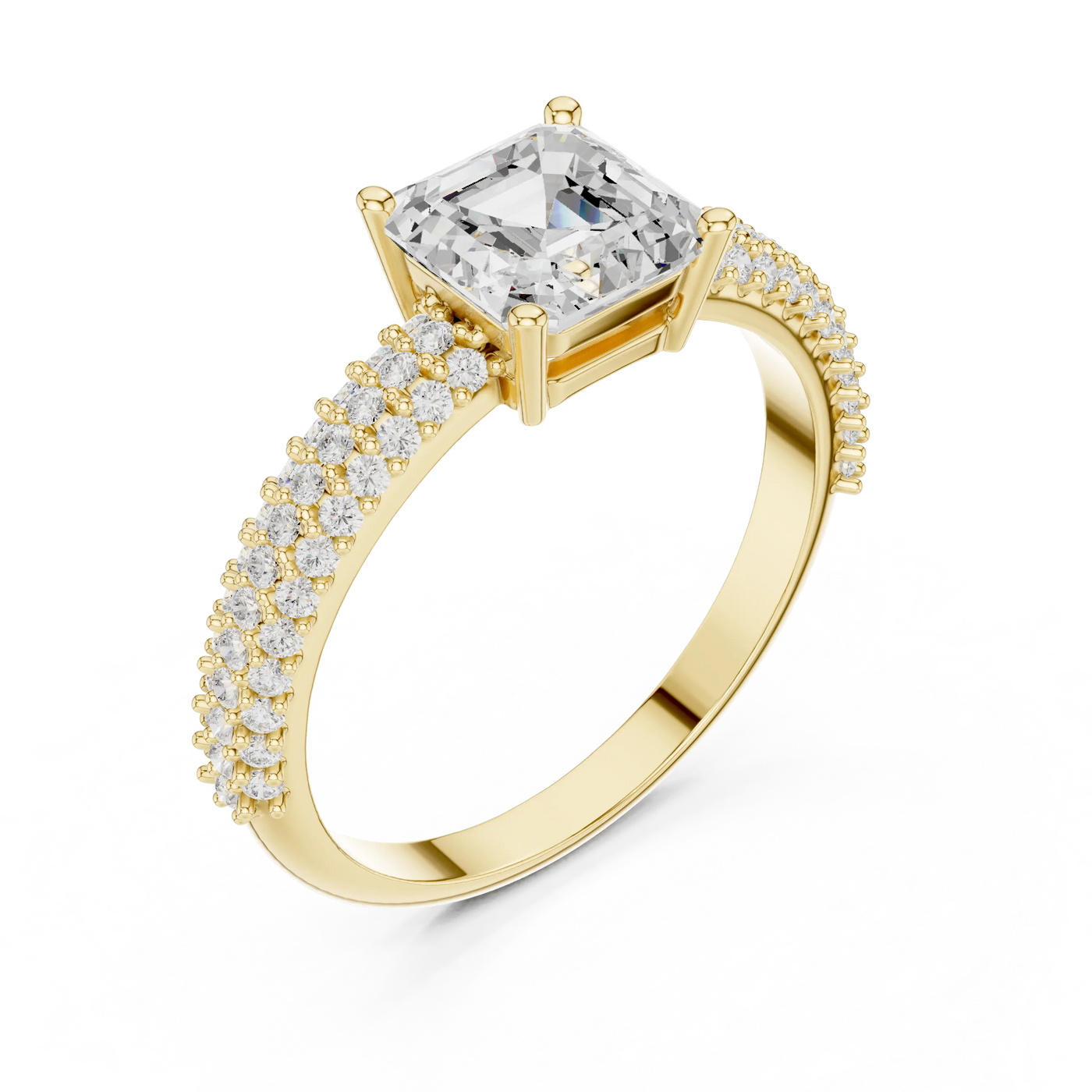 Angled view: Asscher Diamond Ring with Prong and Double-Row Pavé Setting in 18K Yellow Gold – Lab Grown – Driona Jewels