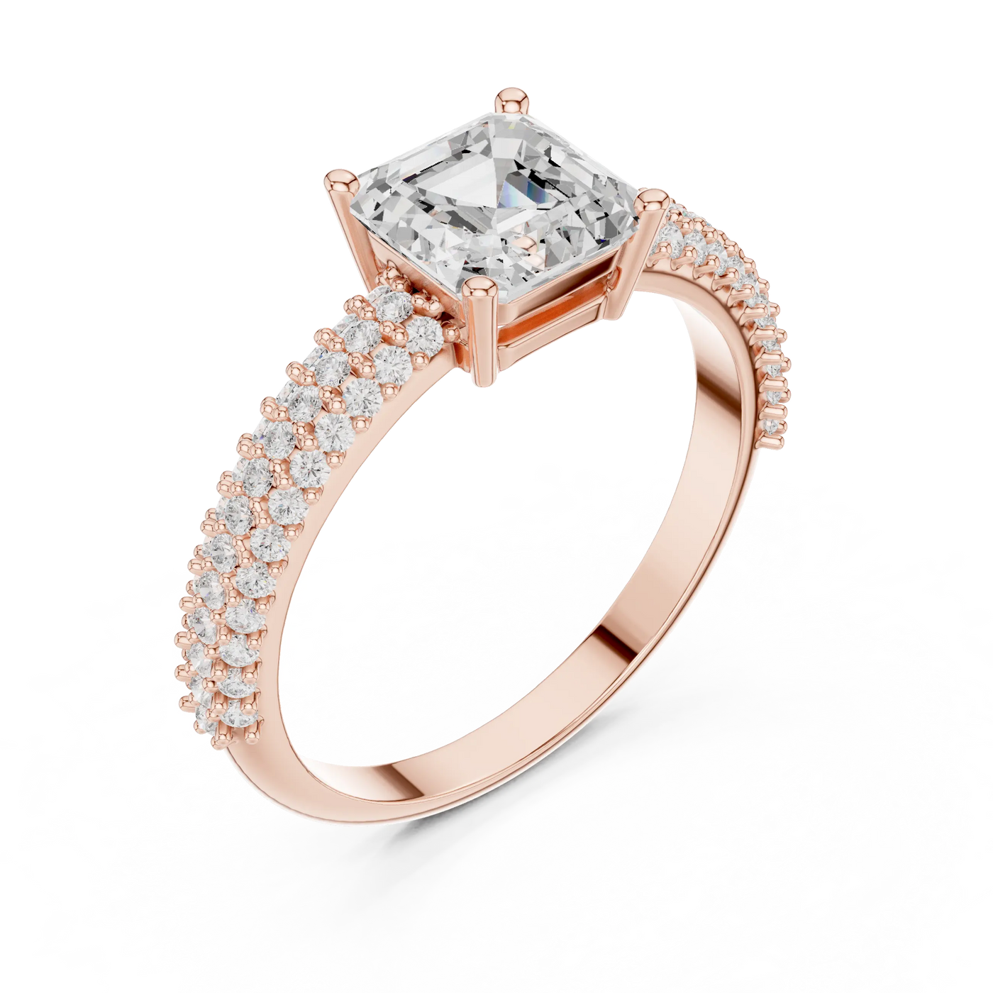 Three-quarter view: Asscher Diamond Ring with Pavé Setting in Unknown Rose Gold – Lab Grown – Driona Jewels