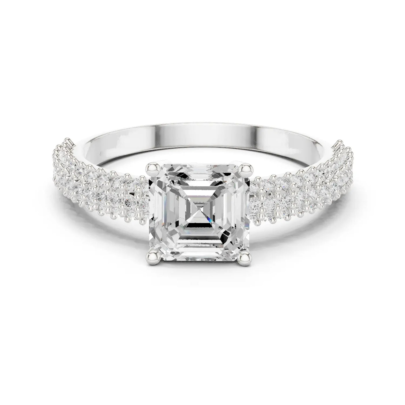 Elegant: Asscher Diamond Ring with pave split shank and prong Setting in 14K White Gold – Lab Grown – Driona Jewels