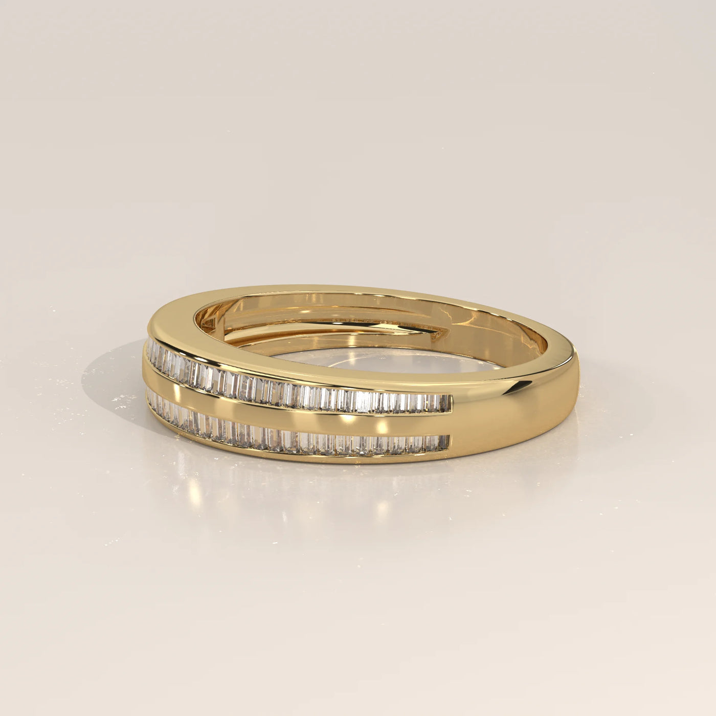 A classic 14k yellow gold band with two rows of channel-set baguette diamonds.