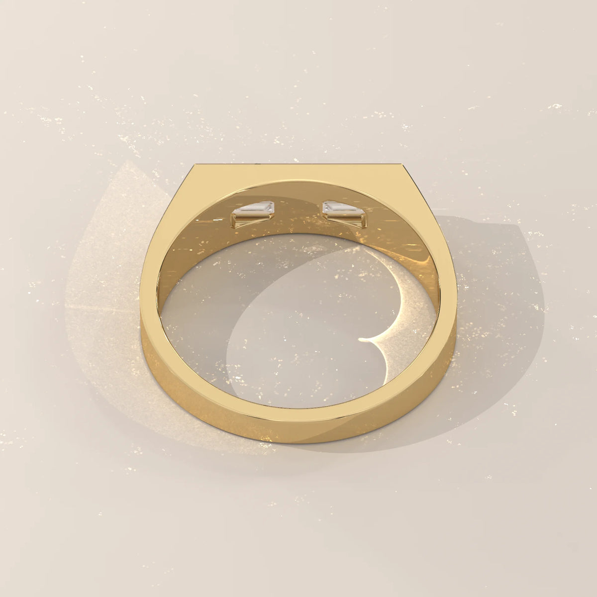 Emerald Cut Lab Grown Diamond Two Stone Signet Ring for Men in yellow gold, viewed from above.