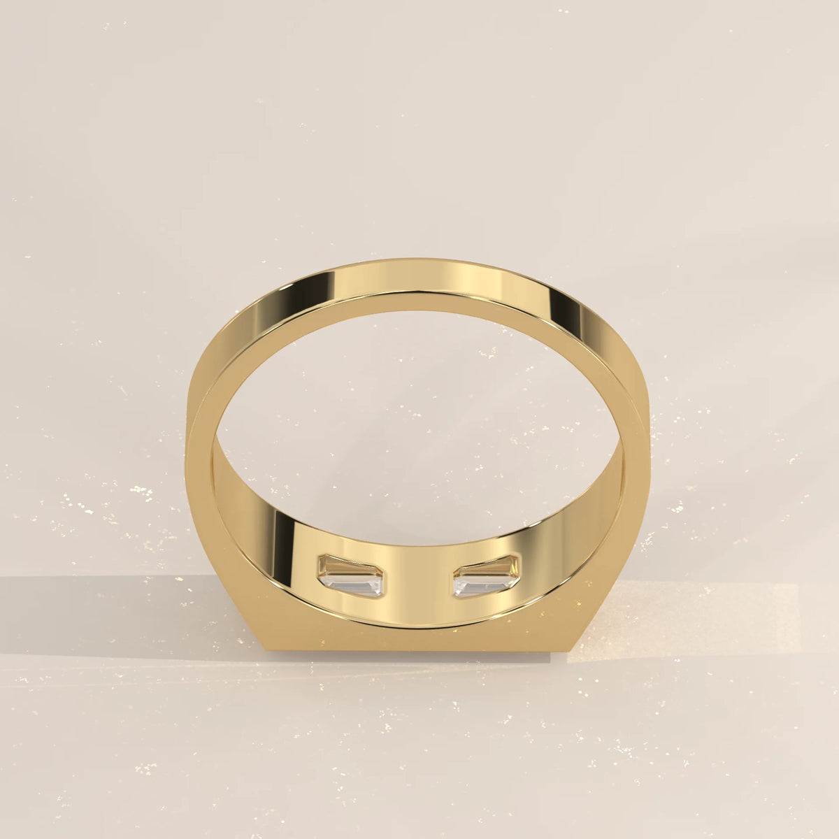 Emerald Cut Lab Grown Diamond Two Stone Signet Ring for Men in yellow gold, shown on a plain background.