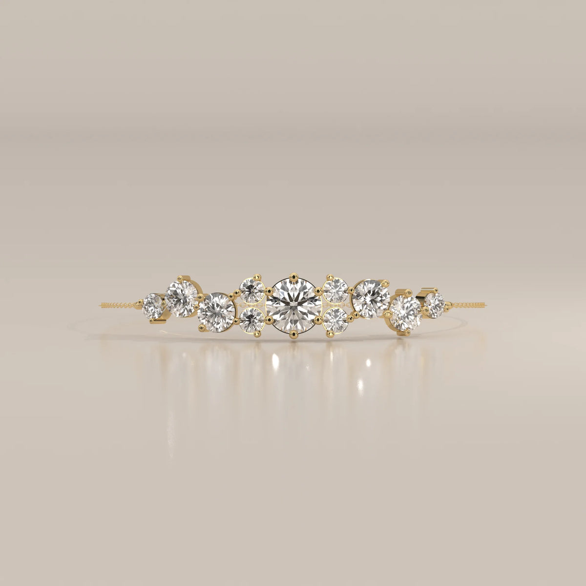 A delicate gold ring featuring a scattered arrangement of round diamonds.