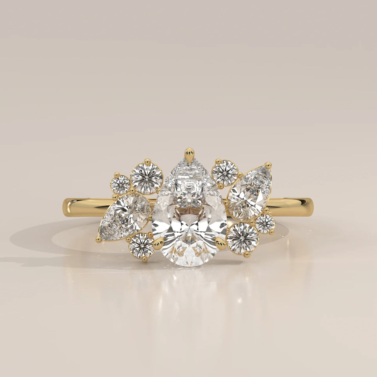 Pear Lab Grown Diamond Ring with Scattered Pear and Round Cluster in yellow gold, shown from the front.