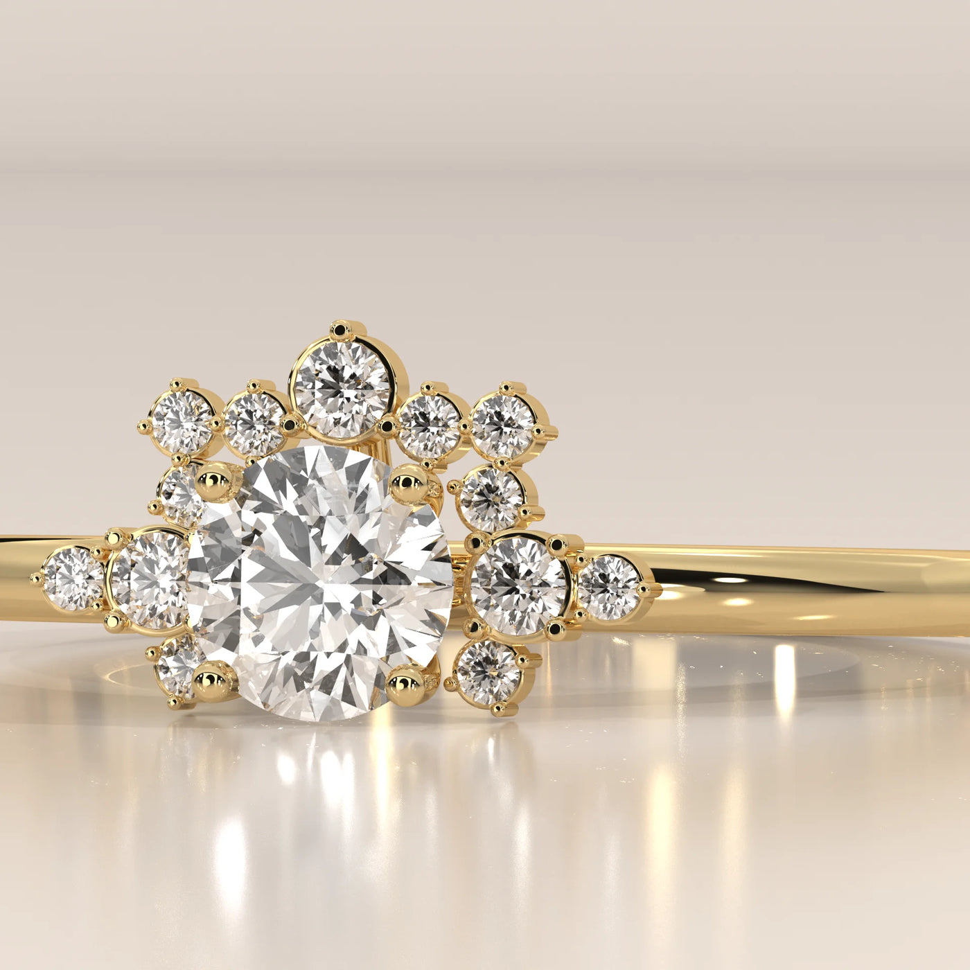 A delicate 14k yellow gold ring with a central round diamond surrounded by smaller diamonds.