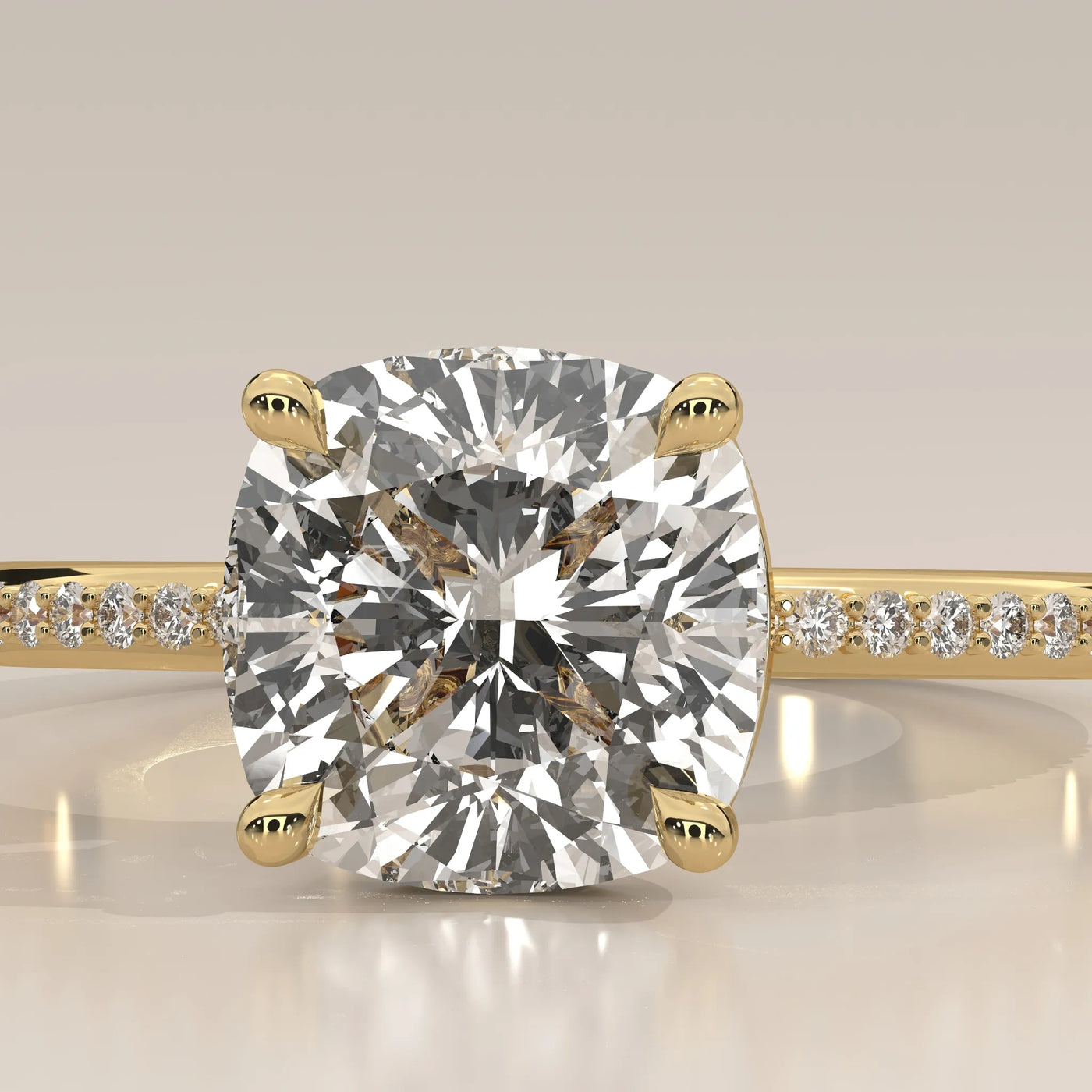 Square Cushion Solitaire Lab Grown Diamond Ring, Pave Band