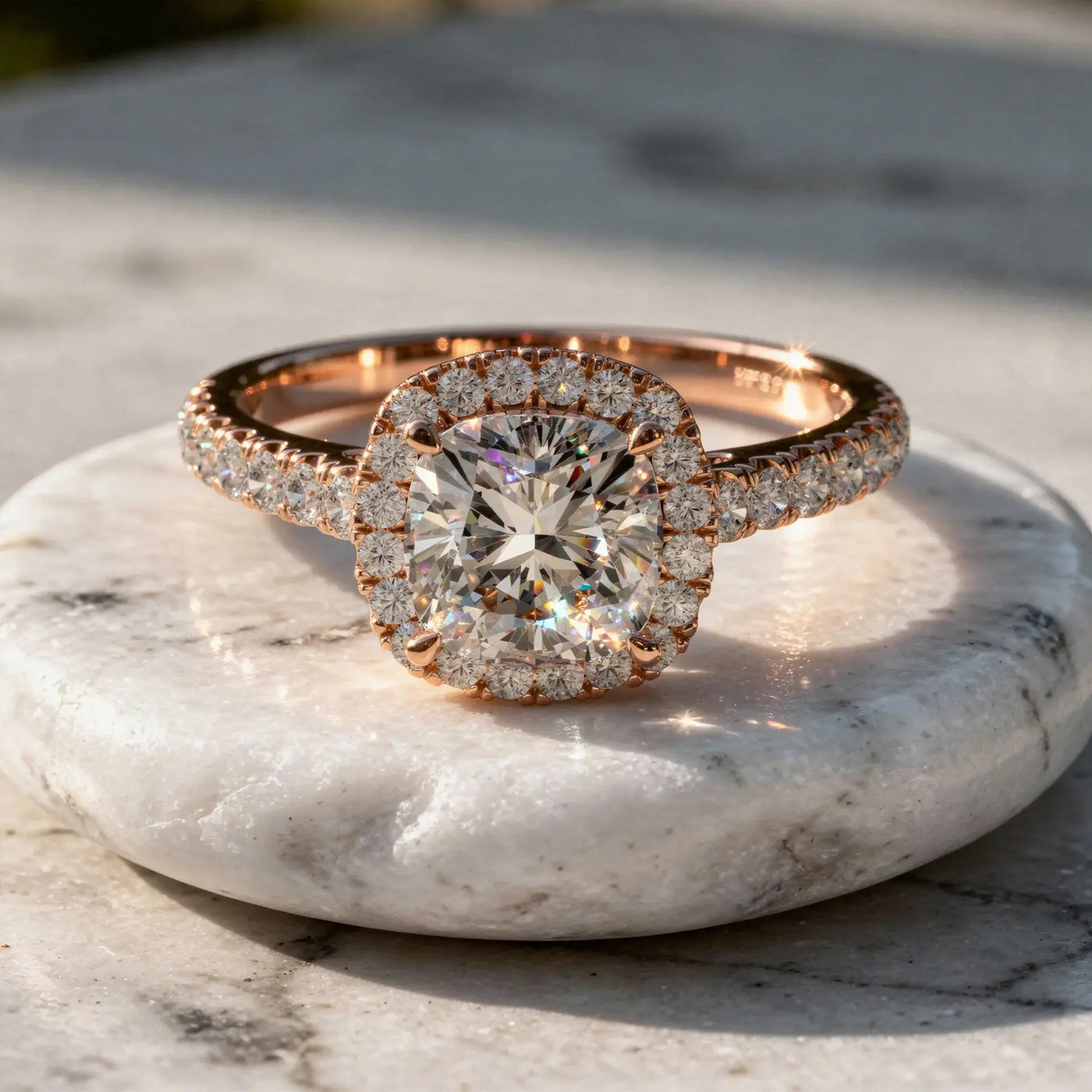 Close-up: Cushion Diamond Ring with Halo Setting in 14k Rose Gold - Lab Grown - Driona Jewels