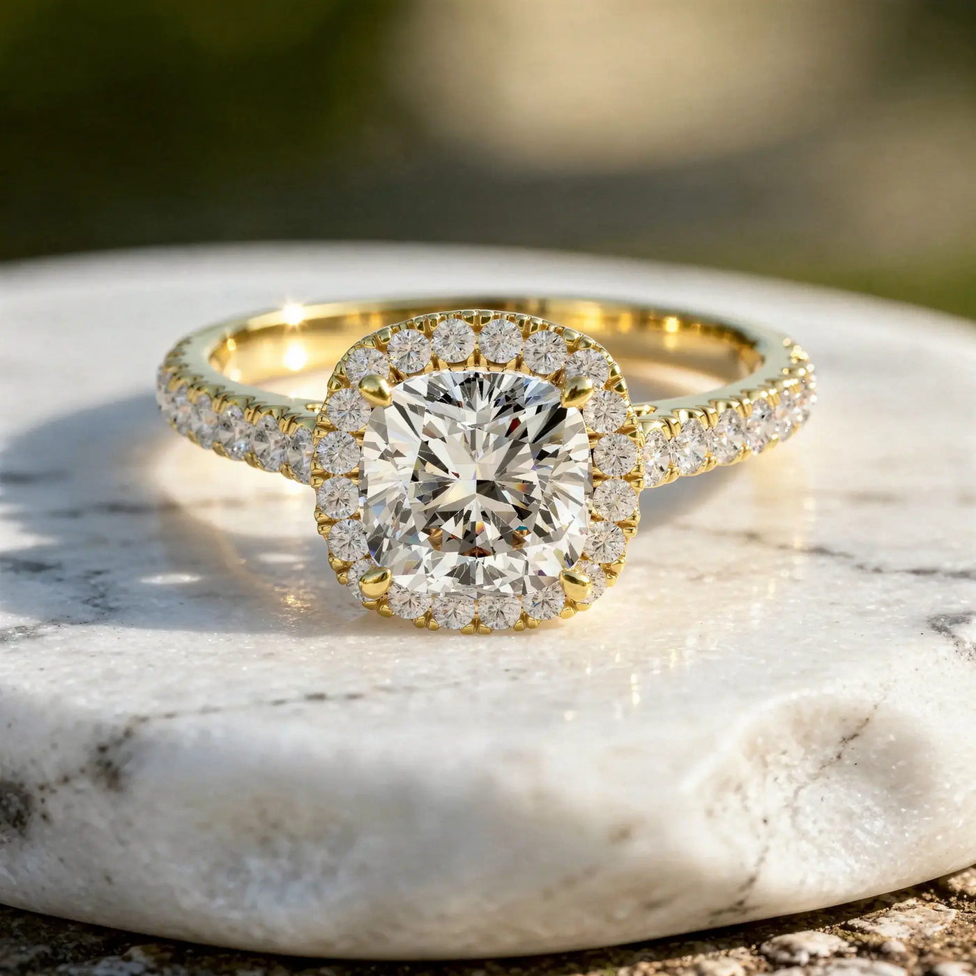 Front-view: Cushion Diamond Ring with Halo Setting in 14k Yellow Gold - Lab Grown - Driona Jewels