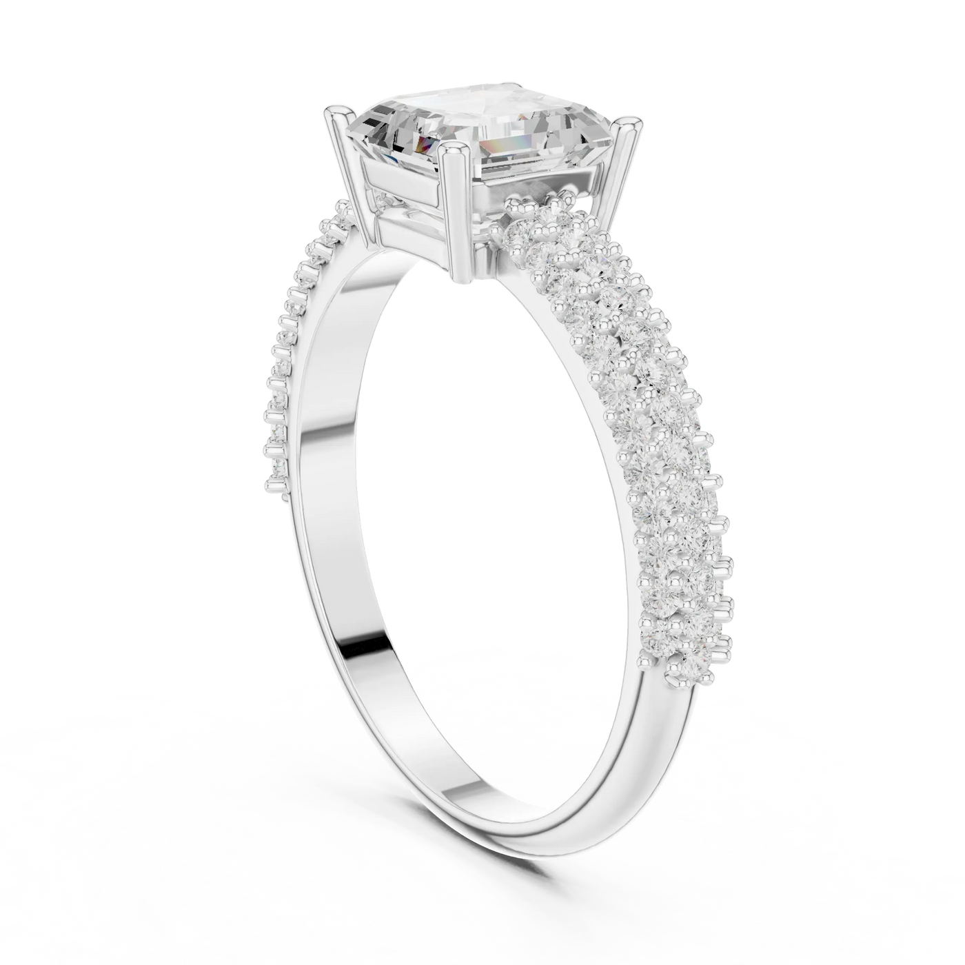 Angle View: Cushion Diamond Ring with Prong-set with Pave Band Setting in 14K White Gold – Lab Grown – Driona Jewels