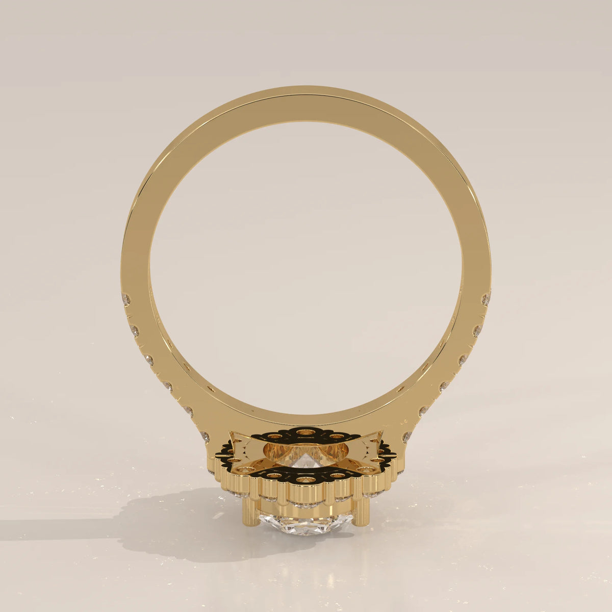 Oval Lab Grown Diamond Cluster Halo Ring with Pave Band in yellow gold, product photograph on a plain background.