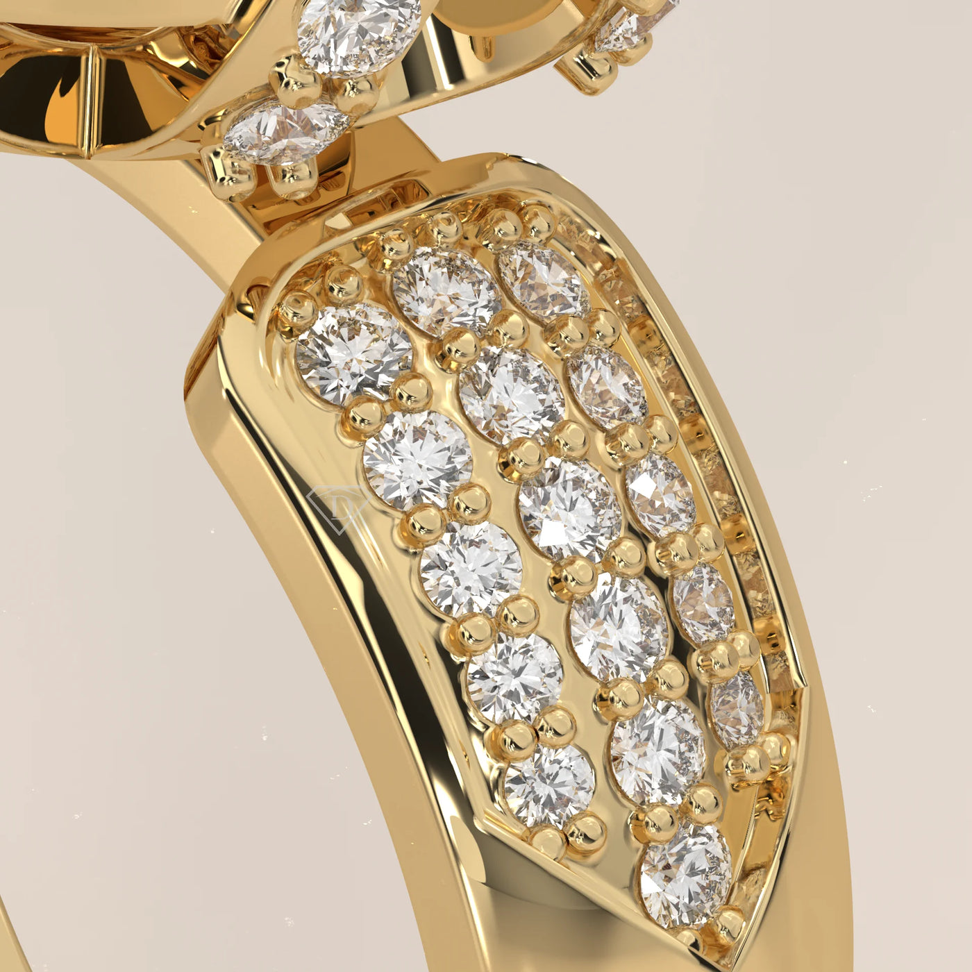 A close-up view of a gold ring with multiple small diamonds.