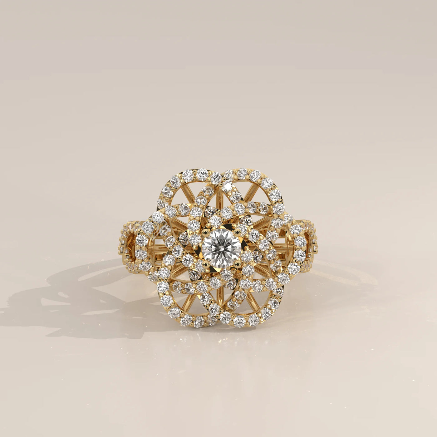 A delicate 14k gold ring featuring a central diamond surrounded by a floral pattern of smaller diamonds.