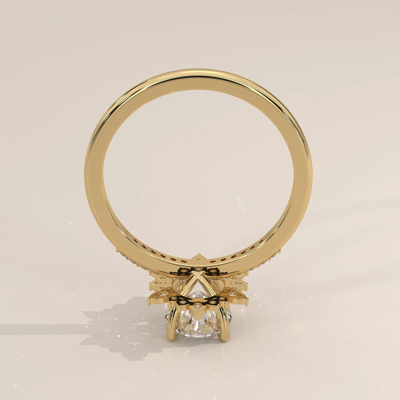A detailed view of a gold ring featuring numerous small diamonds.