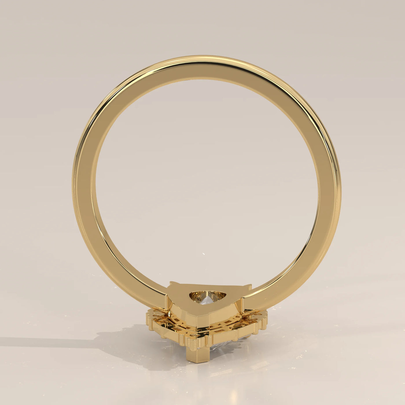 A detailed view of a gold ring featuring numerous small diamonds.