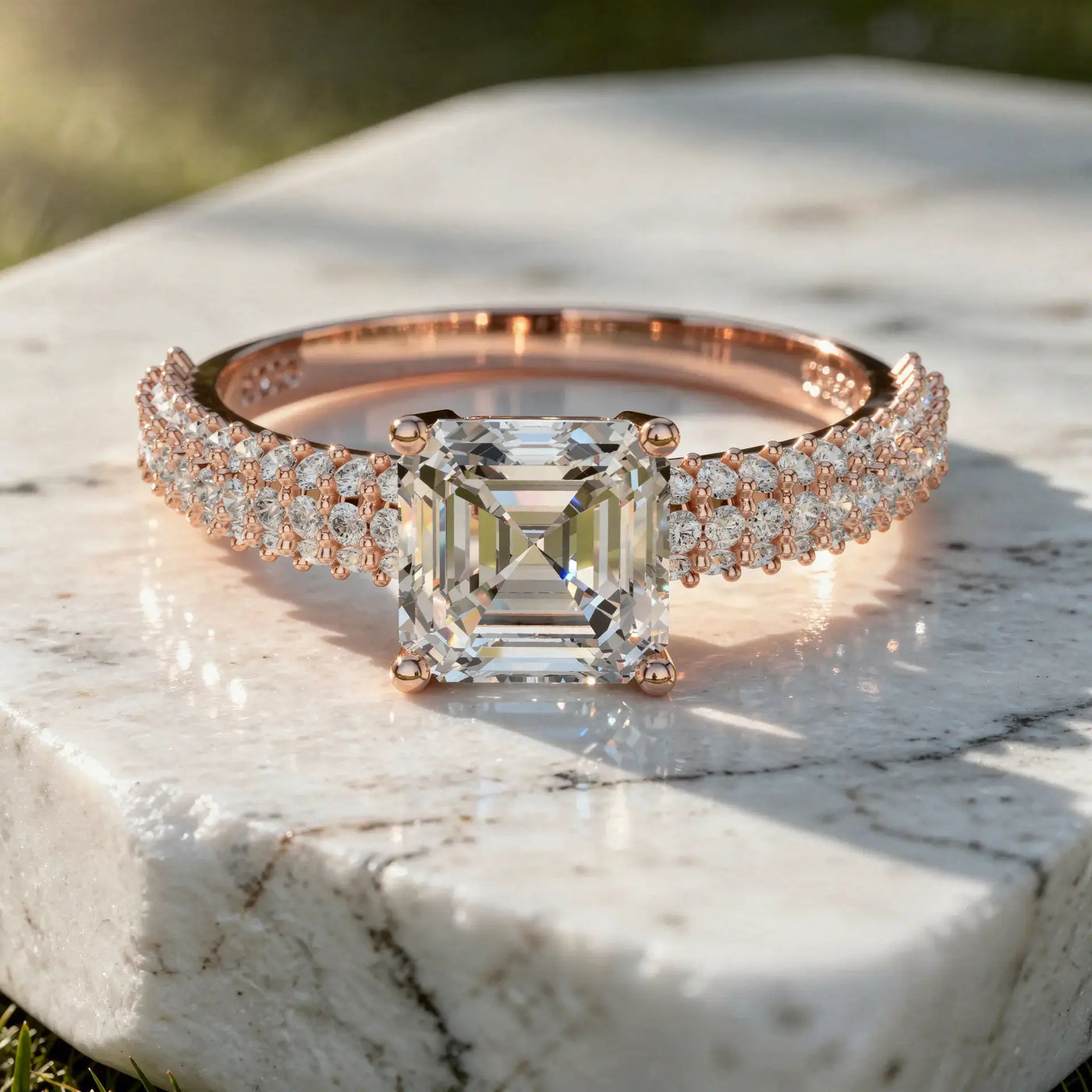 Flat Lay: Emerald Cut Diamond Ring with Pave Setting in 14k Rose Gold - Lab Grown - Driona Jewels