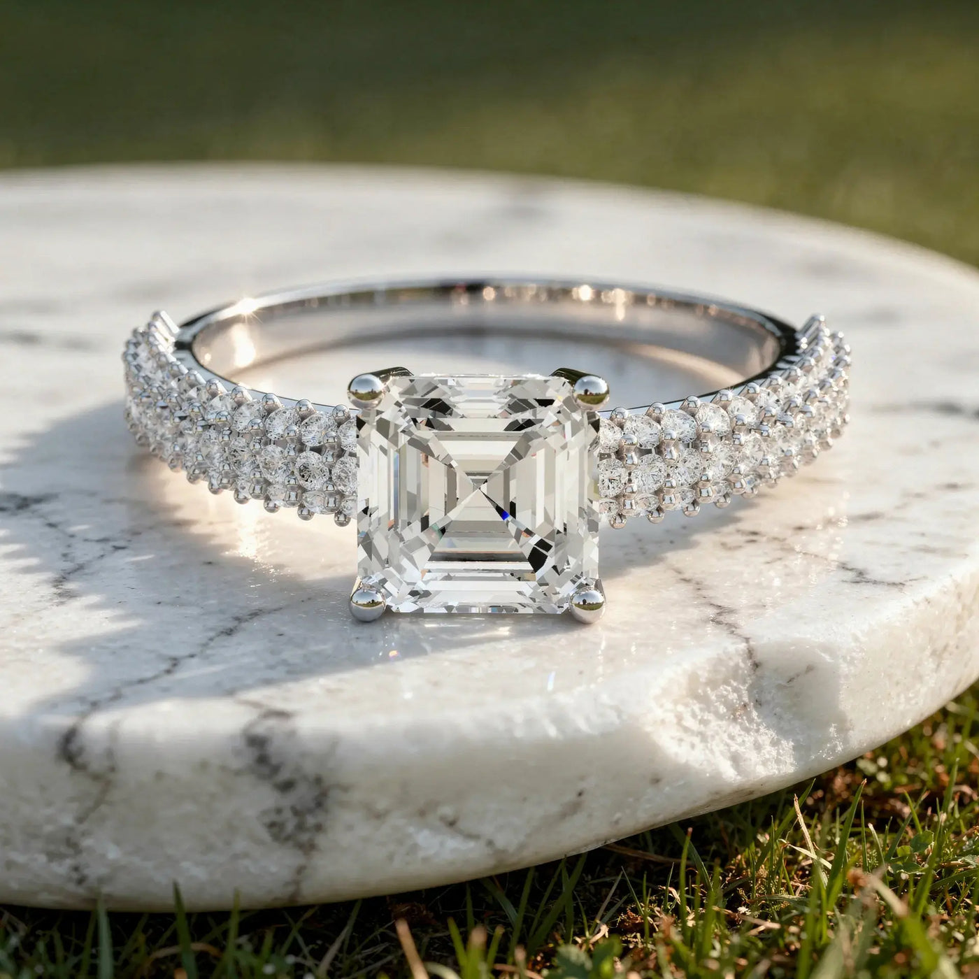 Front-view: Emerald Diamond Ring with Pave Setting in 14k White Gold - Lab Grown - Driona Jewels