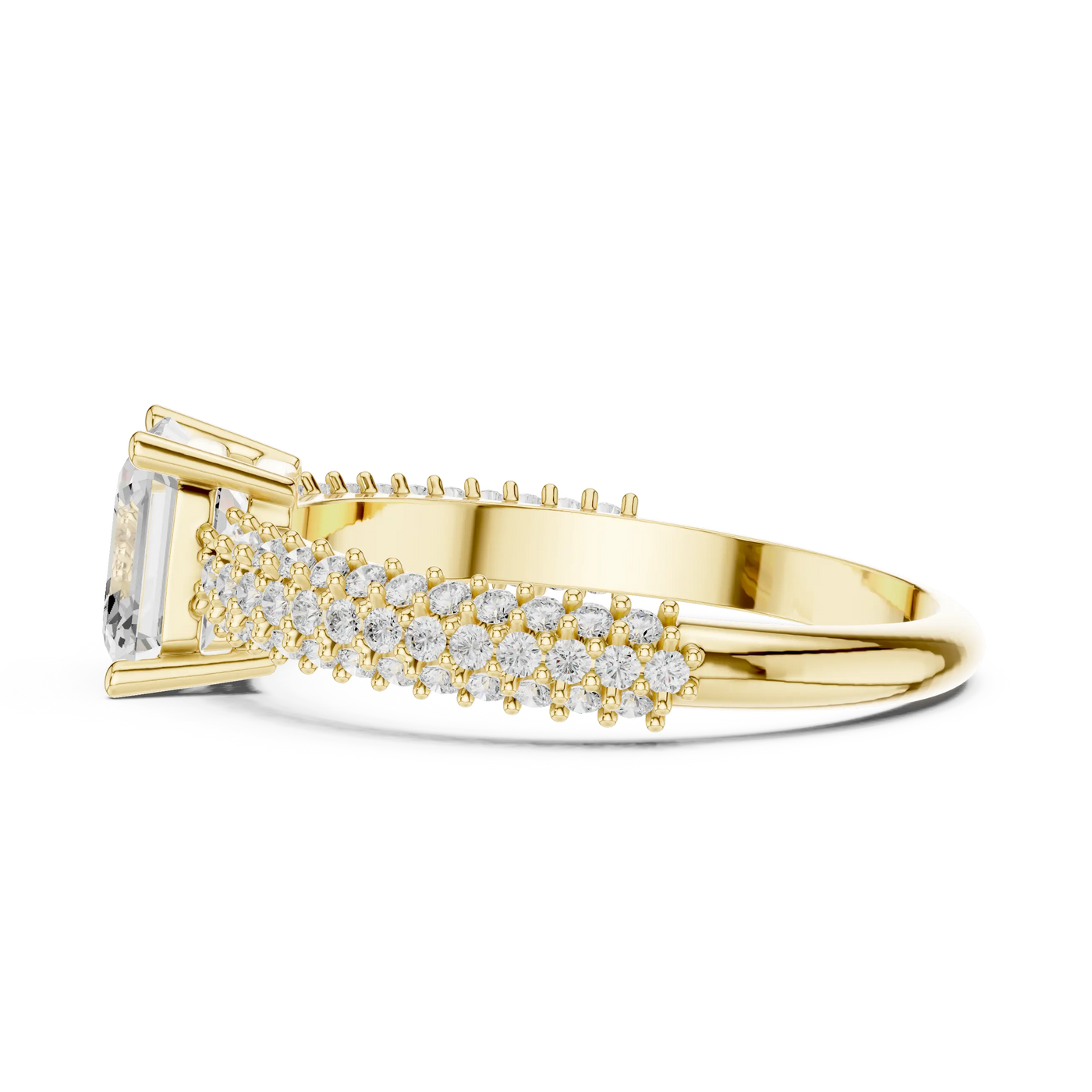 Side-profile: Emerald Diamond Ring with Pavé Setting in Unspecified Yellow Gold – Lab Grown – Driona Jewels