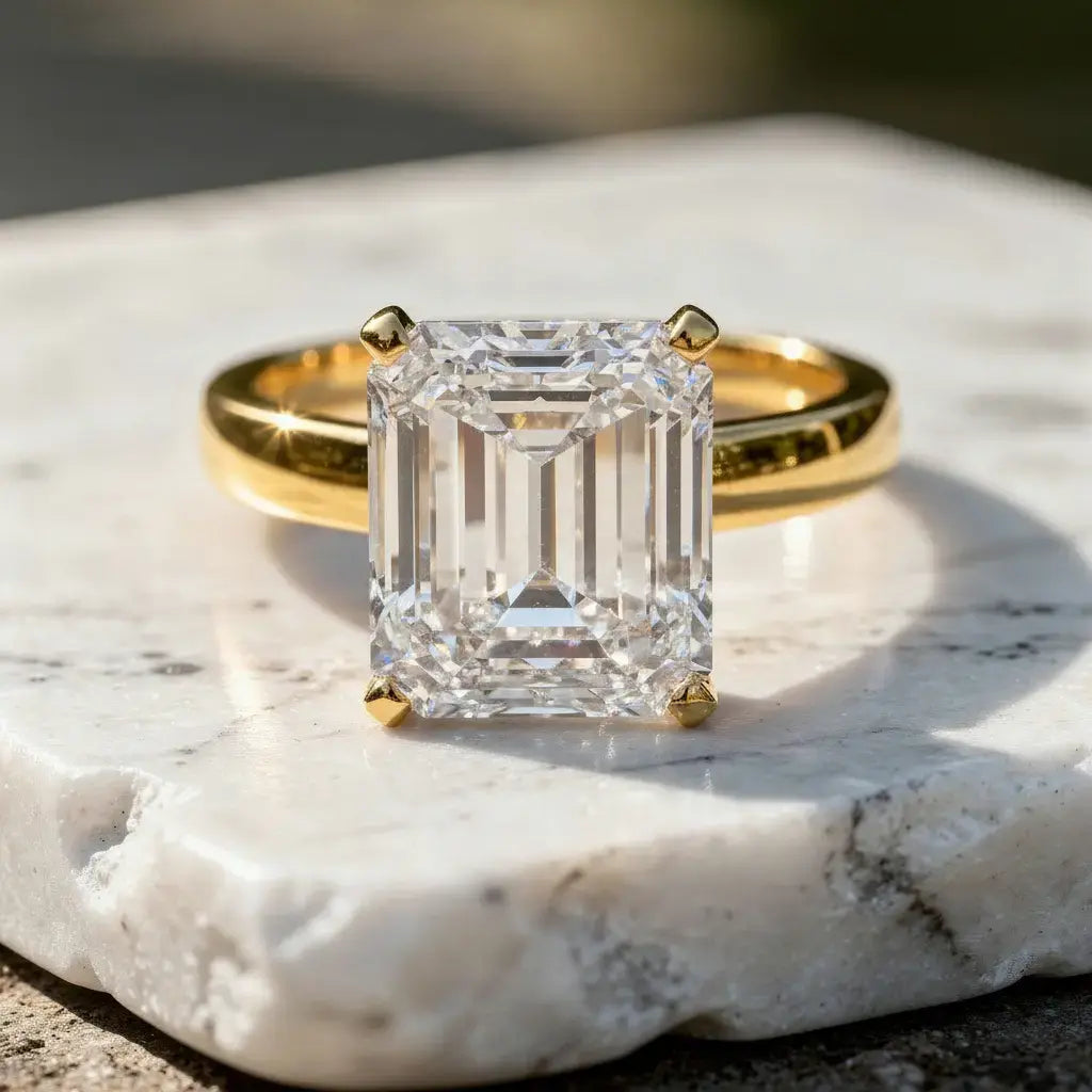 Front-view: Emerald Diamond Ring with Solitaire Setting in 14k Yellow Gold - Lab Grown - Driona Jewels