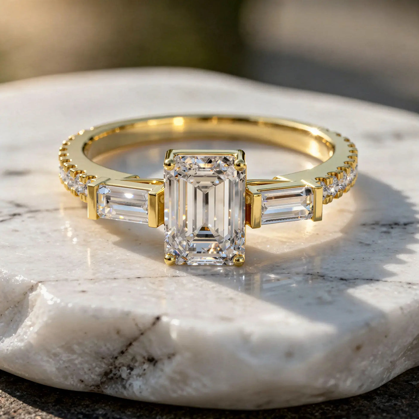 Flat Lay: Emerald Cut Diamond Ring with Three Stone Setting in 14k Yellow Gold - Lab Grown - Driona Jewels