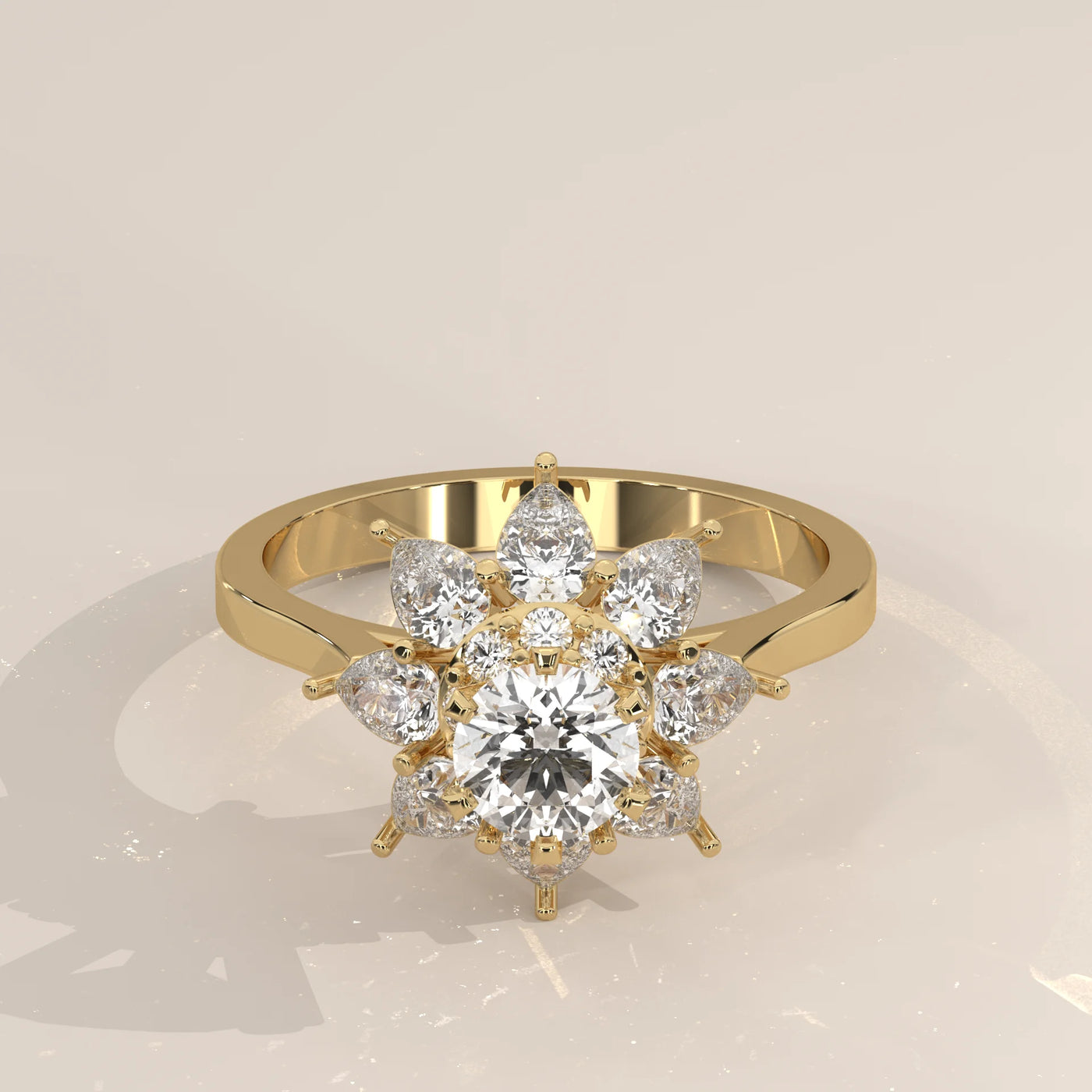 A radiant 14k gold ring adorned with a central diamond and a floral arrangement of pear-shaped diamonds.