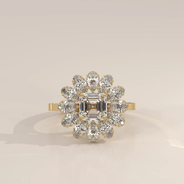 Square Emerald Cut Lab Grown Diamond Flower Cluster Ring in yellow gold, photographed head-on.