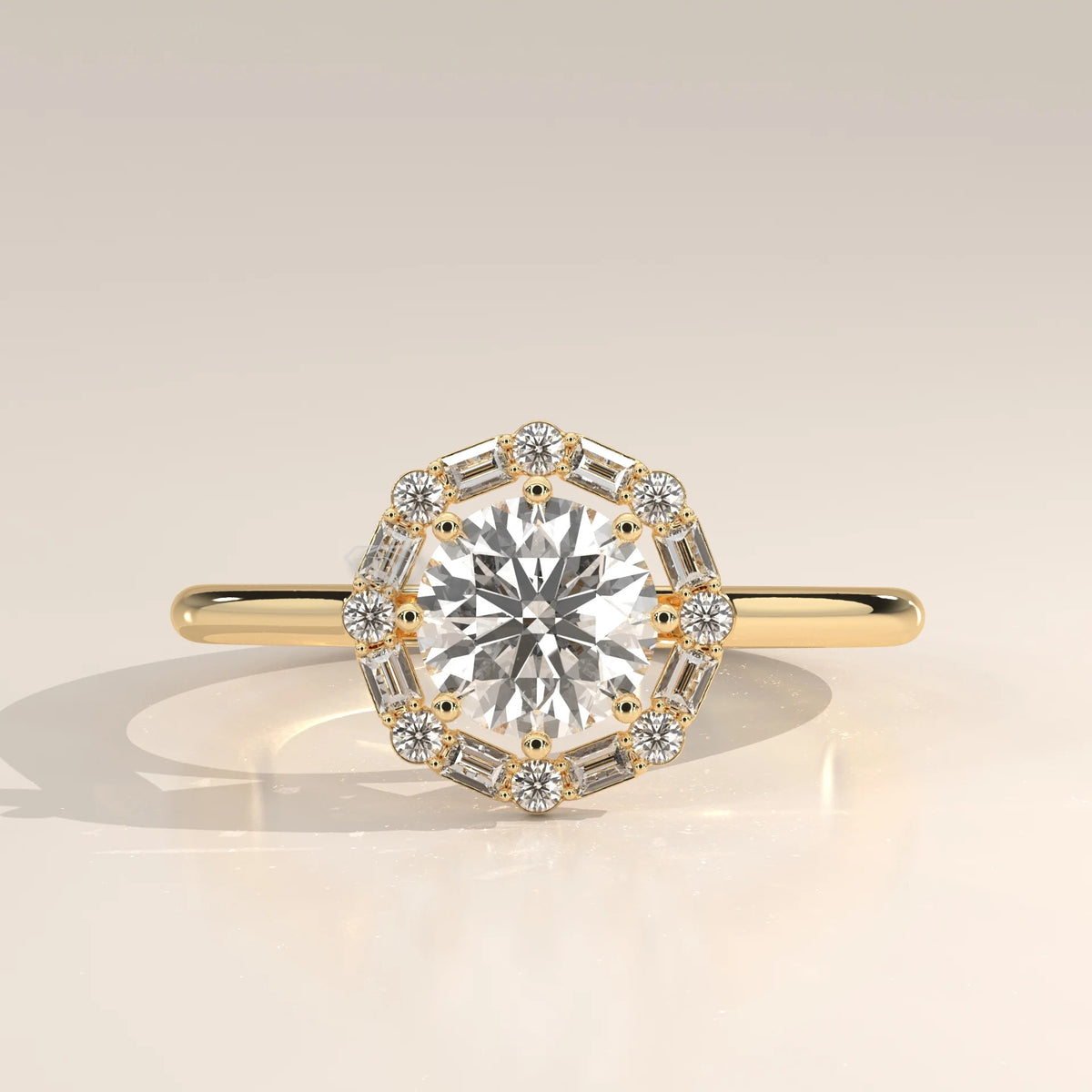 A round brilliant cut diamond engagement ring with a heart-shaped halo, set in 14k gold.