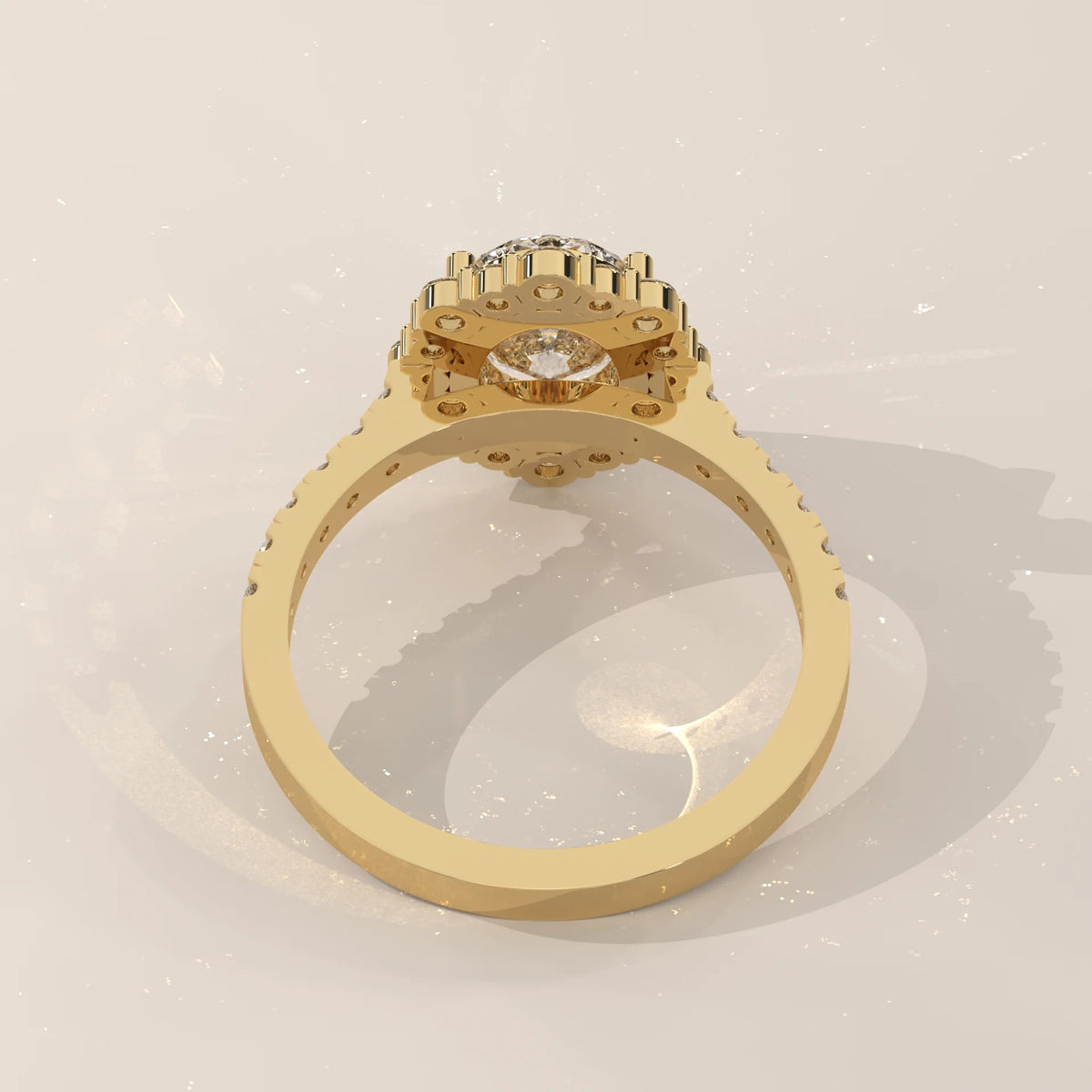 Oval Lab Grown Diamond Cluster Halo Ring with Pave Band in yellow gold, shown on a plain background.