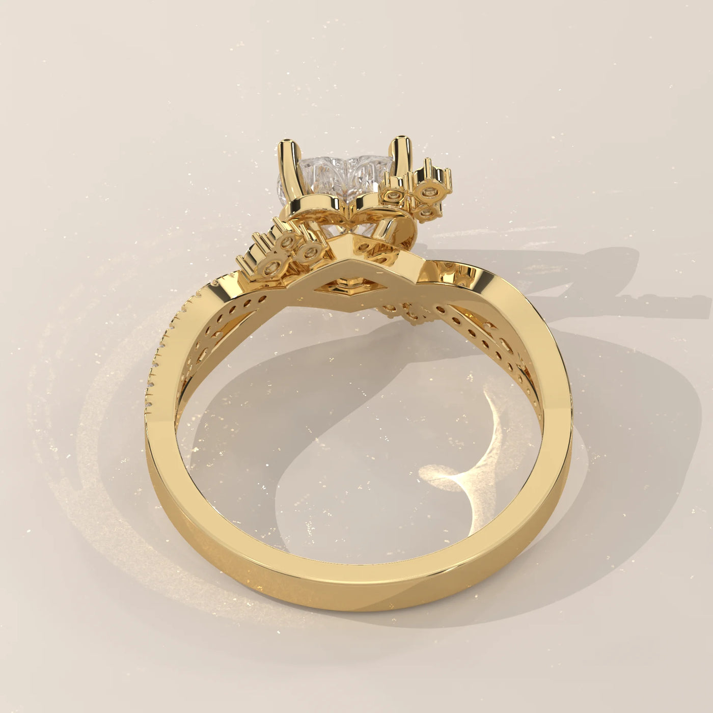 A delicate 14k gold ring featuring a heart-shaped diamond and small accent stones.